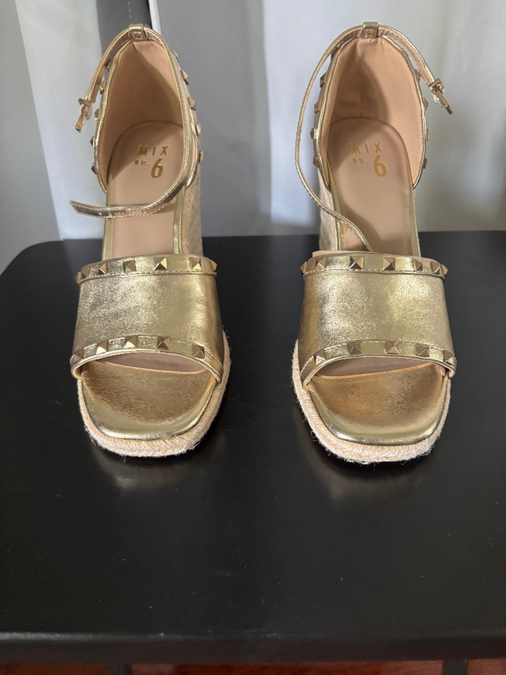 MIX No. 6 Dreamm Metallic Gold Studded Wedge Espadrille Sandals - Size 8M